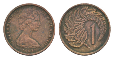 Новая Зеландия 1 цент 1967 Елизавета II (1952-2022), лист папоротника KM 31.1 бронза 4655-1129