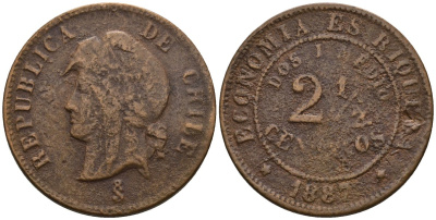 Чили 2 1/2 сентаво 1887 So KM 150 медь 87-1121