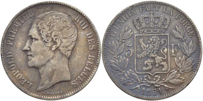 Бельгия 5 франков 1851 Леопольд I (1831-1865), точка над датой KM 17 серебро 5010-823