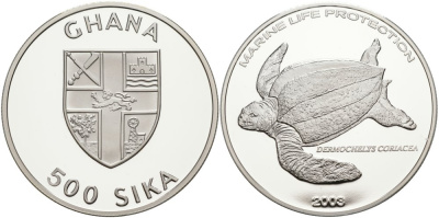 Гана 500 сика 2003 серия защита морской жизни, морская черепаха KM NEW серебро PROOF 01-172-42