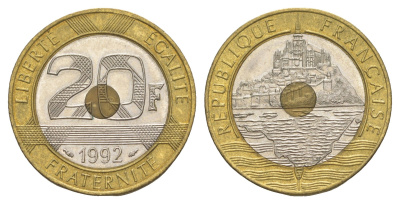 Франция 20 франков 1992 Мон-Сен-Мишель KM 1008.2 триметалл 4543-533