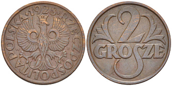 ПОЛЬША 2 ГРОША 1928 w KM 9a, Parchimowicz 102d бронза VF 4181-1157