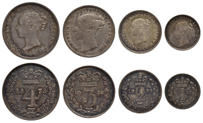 Великобритания набор из 4 монет 1873 1, 2, 3 и 4 пенса, Манди сет, в оригинальной коробке, Виктория (1837-1901) Spink 3916 серебро 10-015-67