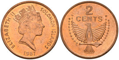 Соломоновы Острова 2 цента 1987 Елизавета II (1953-) KM 25 сталь плакированная бронзой aUNC 4561-313
