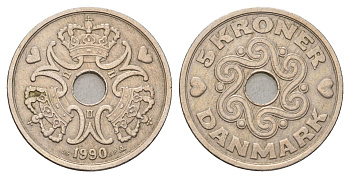 Дания 5 крон 1990 Маргрете II (1972-2024) KM 869 медно-никель 119-111