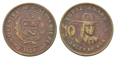 Перу 10 солей 1979 Тупак Амару II KM 272 латунь 4663-426