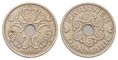Дания 5 крон 1990 Маргрете II (1972-2024) KM 869 медно-никель 119-111