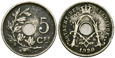 Бельгия 5 сантимов 1920 Belgique KM 66 медно-никель 4173-459