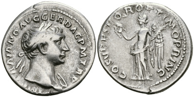 Римская Империя денарий 103 - 111 Траян COS V PP SPQR OPTIMO PRINC Виктория, держащая венок и пальмовую ветвь Рим Very fine RIC 128 серебро 1073-4-2-1