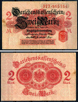 Германия 2 марки 1914 красная бумага Pick 54 бумага 2196-6-2-1