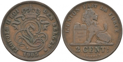 БЕЛЬГИЯ 2 САНТИМА 1905 BELGES KM 35.1 медь 68-726