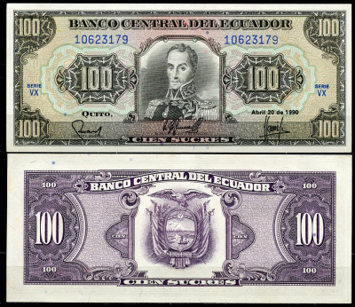 Эквадор 100 сукре 1990 Симон Боливар, 20 апреля, серия VX Pick 123 (1990 (3))  бумага  UNC (пресс) 447-124-1