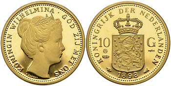 Нидерланды 10 гульденов 1898 реплика, проба 925 позолота серебро PROOF 02-070-52