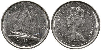 КАНАДА 10 ЦЕНТОВ 1988 ЕЛИЗАВЕТА II (1952-), ПАРУСНИК, ВТОРОЙ ПОРТРЕТ В КОРОНЕ KM 77.2 никель 4532-834
