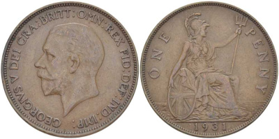 Великобритания 1 пенни 1931 Георг V (1910-1936) KM 838, Spink 4055 бронза 180-1212