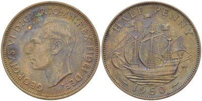 Великобритания 1/2 пенни 1950 Георг VI (1936-1952) KM 868, Spink 4118 бронза 89-643
