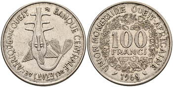 Валютный Союз стран Западной Африки 100 франков 1968 KM 4 никель 4575-1137