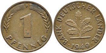 ФРГ 1 ПФЕННИГ 1949 F КМ А101 J. 376 сталь плакированная медью 4392-1014