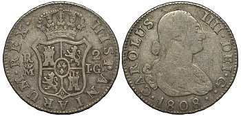 Испания 2 реала 1808 M IG, мондвор (Мадрид), Карлос IIII (1788-1808) KM 430.1 ( C69.1) серебро 650-842