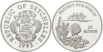 Сейшельские острова 25 рупий 1993 серия защитите наш мир, кораловая рыбка, тираж 10000 экз. KM 71 серебро PROOF 1078-4-11