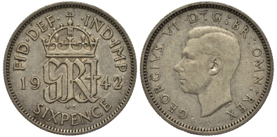 Великобритания 6 пенсов 1942 Георг VI (1936-1952) KM 852, Spink 4084 серебро 4538-457