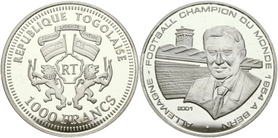 Того 1000 франков 2001 чемпионат мира по футболу 1954 в Швейцарии, Берн KM 36 серебро PROOF 00-000-00