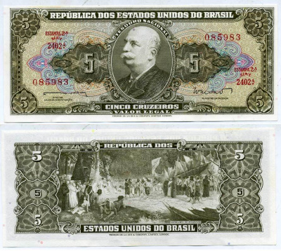 БРАЗИЛИЯ 5 КРУЗЕЙРО 1962 СЕРИЯ 2402А, БАРАО ДО РИО БРАНКО Pick 176а бумага UNC (ПРЕСС) 7203-90-3