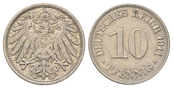Германия 10 пфеннигов 1911 A KM 12, J. 13 медно-никель 4701-1119
