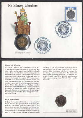 Гибралтар 20 пенсов 1990 в конверте с маркой (КПД - Конверт первого дня Гашения) KM 16 медно-никель UNC 9001-84