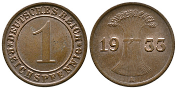 ГЕРМАНИЯ 1 РЕЙХСПФЕННИГ 1933 A KM 37, J. 313 бронза 4380-1232