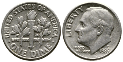 США 10 ЦЕНТОВ = 1 ДАЙМ 1985 D, РУЗВЕЛЬТ KM 195а медь плакированная медно-никелем 57-1231