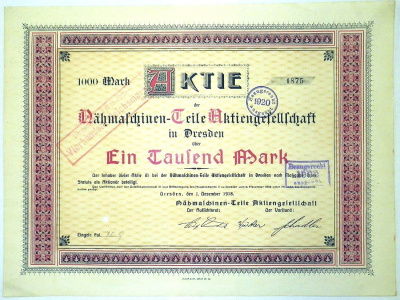 Германия акция в 1000 марок 1918 АО по производству деталей для швейных машин в Дрездене, Nahmaschinen-Teile Aktiengesellschaft in Drezden бумага 5553-23