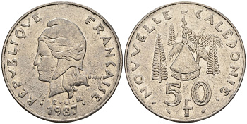 Французская Новая Каледония 50 франков 1987 хижина среди сосен и пальм, (IEOM) KM 13, Schoen 15, Lec 121 никель 4120-725