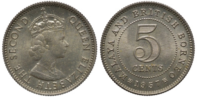 Малайя и Британское Борнео 5 центов 1957 Елизавета II (1952-2022) KM 1 медно-никель UNC 192-868