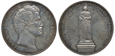 Бавария 2 талера 1845 Людвиг I (1825-1848), Chancellor Baron von Kreittmayr, барон Крейттмайер KM 439, Dav.592 var, AKS 107a, Kahnt 111, Thun 84 var серебро 00-808-31