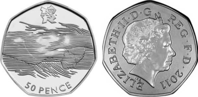 Великобритания 50 пенсов 2011 XXX летние Олимпийские игры в Лондоне в 2012 году, плавание, в оригинальном картонном буклете, с Олимпийской голограммой (1/29) KM 1166 медно-никель  UNC  3-6-6-02