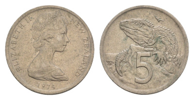 Новая Зеландия 5 центов 1974 Елизавета II (1952-2022), ящерица гаттерия KM 34.1 медно-никель 4655-1156