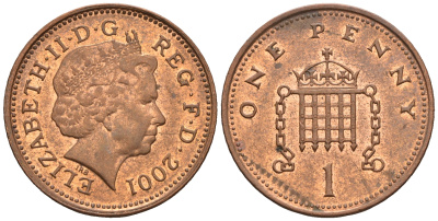 Великобритания 1 пенни 2001 Елизавета II (1952-2022) KM 986, Spink 4710 (B5) сталь плакированная медью 4609-562