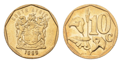 ЮАР 10 центов 1999 герб, цветок алоэ KM 161 сталь плакированная бронзой UNC 4694-752
