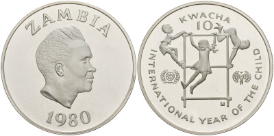 Замбия 10 квача 1980 международный год детей, президент Каунда KM 21 серебро PROOF 11-315-13
