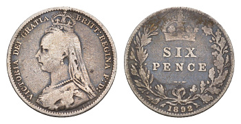 Великобритания 6 пенсов 1892 Виктория (1837-1901) KM 760, Spink 3929 серебро    4658-1127