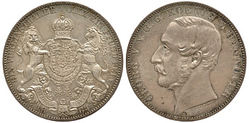 Брауншвейг-Каленберг-Ганновер 1 талер 1864 B, Георг V (1851-1866) KM 230, AKS 144, Dav. 682, Kahnt 239, Thun 174 серебро 00-810-18