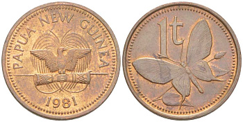 Папуа-Новая Гвинея 1 тойя 1981 бабочка KM 1 бронза 4516-257