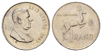 ЮАР 1 ранд 1967 Первая годовщина смерти Хендрика Фервурда, надпись на африкаанс - "SUID-AFRIKA" KM 72.2 серебро 441-423