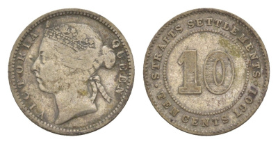 Стрейтс-Сетлментс (Стрейтс Сетлментс) 10 центов 1901 Виктория (1837-1901) KM 11 серебро 4655-654