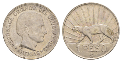 Уругвай 1 песо 1942 Хосе Хервасио Артигас, год-тип KM 30 серебро aUNC 413-2842