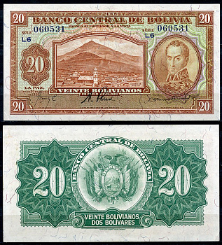 Боливия 20 боливиано 1928 серия L3, Симон Боливар Pick 131 (3) бумага UNC (пресс) 2196-41-3-1