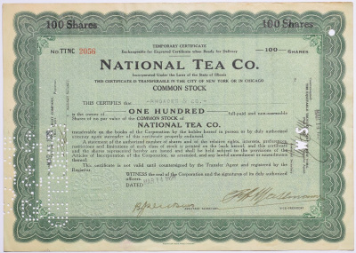 США 100 акций 1929 Национальная чайная компания (NATIONAL TEA CO.)   бумага   5547-6-1-1