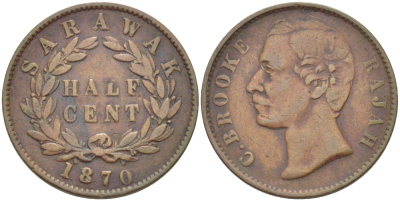 Саравак 1/2 цента 1870 Чарльз Энтони Джонсон Брук, Королевство Саравак (1846 - 1946) KM 5 медь 4044-833