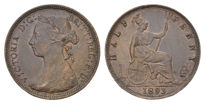 Великобритания 1/2 пенни 1893 Виктория (1837-1901) KM 754, Spink 3956 бронза 1519-133